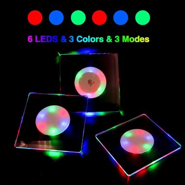 MEDOYOH Square Cool White LED Coasters for Drinks, ON/Off Switch Drink Coasters Set, Waterproof Coasters Glowing for Glasses Bottles Parties Weddings Bar Christmas (Colorful LED, 8-Piece Set)