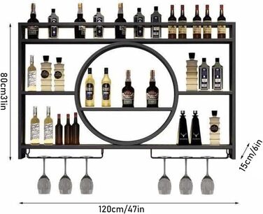 Металева стійка для вина на стіну, кругла вітрина для напоїв, 120x15x80 см, чорний колір. Підходить для бару, ресторану, дому. Багатофункціональна полиця для зберігання.