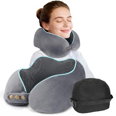 Подушка для шиї дитяча та доросла з Memory Foam 220г, ергономічна, регульована, сіра. Для подорожей літаком, авто та потягом.