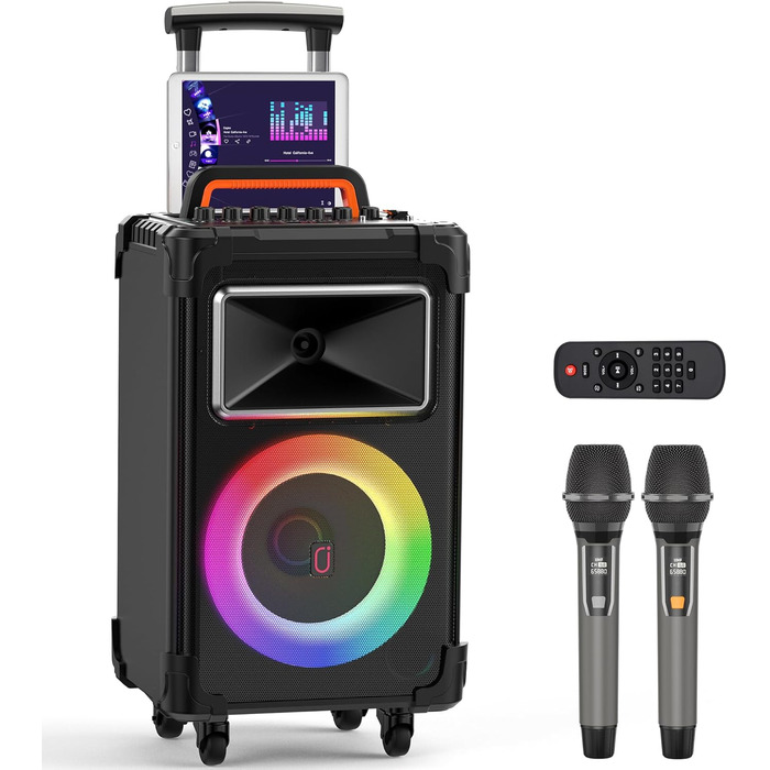 Караоке система JYX з 2 бездротовими мікрофонами, великим гучномовцем, Bluetooth, колесами та диско-світлом, сабвуфером PA, підтримкою TWS/USB/SD/AUX/Rec (Чорний)