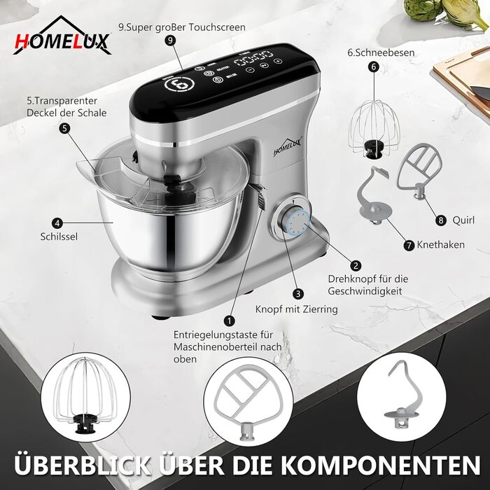 Кухонна машина HOMELUX 1800W з чашею 8 л з нержавіючої сталі, 6 швидкостей, LED-дисплей, насадки для замішування, збивання та нарізки, сіра