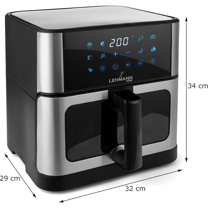 Фритюрниця повітряна LEHMANN з 2 камерами, 2400 Вт, AirFryer XXL з 12 програмами, до 200°C, WiFi, 10л, з вікном, для смаження, випікання, сушіння, грилю
