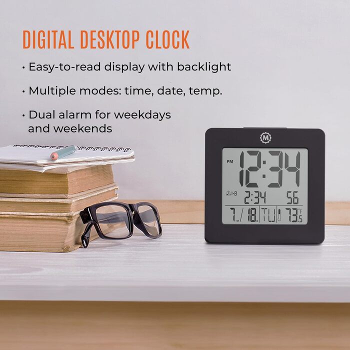 Marathon Alarm Clock | Digital Clock with Date, Temperature, and Calendar | Dual Alarm with Snooze Function and 7 Language Options | Backlit