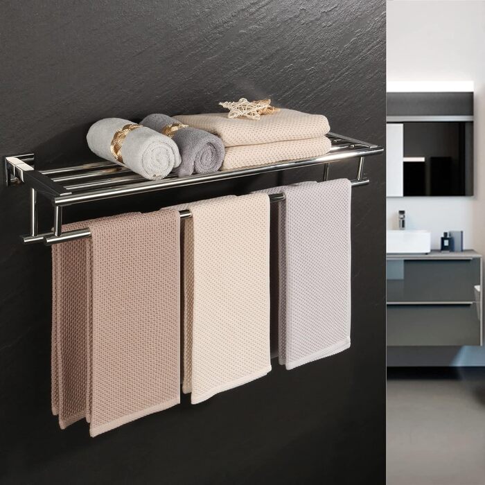 Тримач для рушників SAYAYO настінний, 70 см, з полицею, нержавіюча сталь, для ванної кімнати та кухні