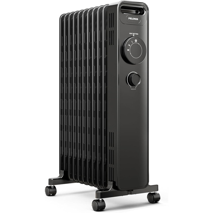 Масляний радіатор PELONIS 2300W з J-подібними ребрами, 3 режими нагріву, термостат, тихий, захист від перекидання, енергоефективність A, для спальні, вітальні, офісу, 11 ребер, чорний (без пульта)