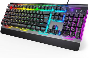 TECKNET RGB ігрова клавіатура для ПК, мембранна, 105 клавіш, повний металевий корпус, підставка для зап'ястя, 15 зон RGB підсвічування, 25 антиблінд, клавіатура для комп'ютера, німецька розкладка (QWERTZ)