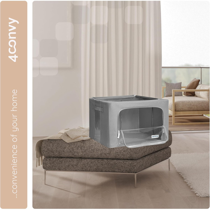 Sturdy Foldable Clothes Storage Box with Zipper, Metal Frame - [2024 IMPROVED MATERIAL] Duvet Storage Bag - Stable Storage Box for Clothes - (Dark Gray, 3x66L)