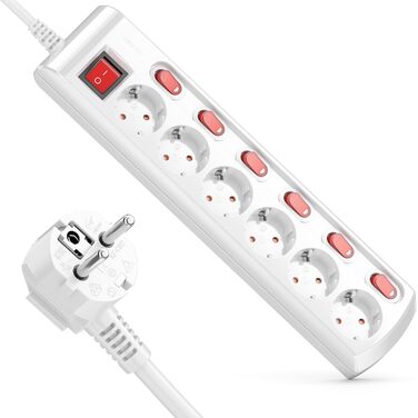 Многофункціональна мережева стрічка deleyCON з 6 розетками та індивідуальним вимикачем для кожної (біла)