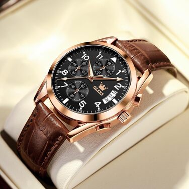 Чоловічий годинник OLEVS Vintage з шкіряним ремінцем, велике циферблат, водонепроникний, аналоговий годинник з датою (2878, чорний циферблат/коричневий ремінець)