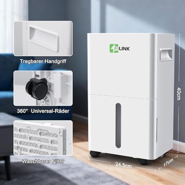 Електричний осушувач повітря 9л/добу, тихий, з дитячим замком, захистом від переливу та авторестартом, для спальні, ванної, підвалу та пральні