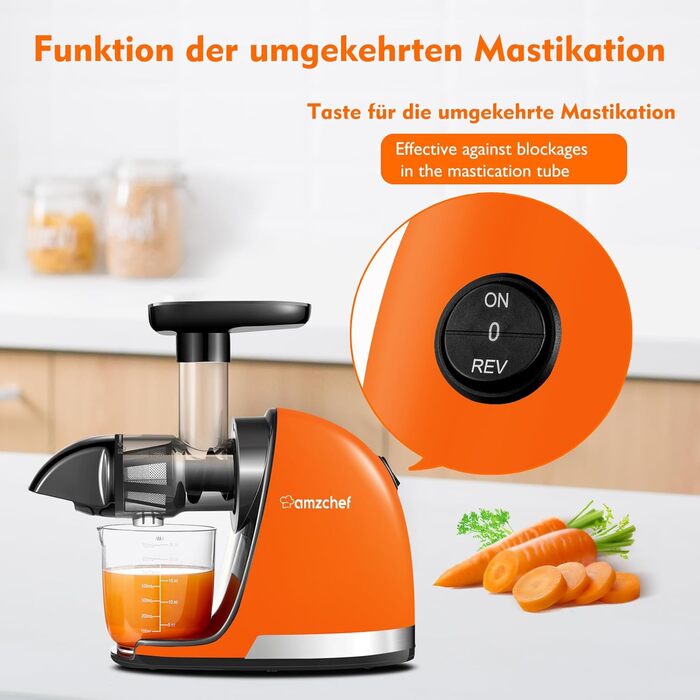 AMZCHEF Juicer for Vegetables and Fruits - Test Winner - Slow Juicer with Reverse-Masticating Function - Gentle Crushing Without Filtering - Electric Juice Press with Brush and 2 Cups - Orange