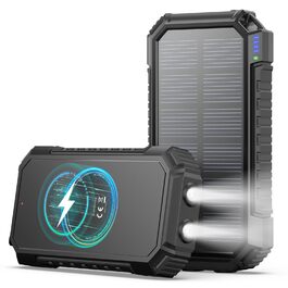 Power Bank ADDTOP 20000mAh сонячна, бездротова зарядка, USB-C, 3.0A, з ліхтариком для смартфонів та планшетів (чорний)