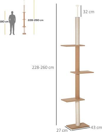 PawHut Cat Tree, Ceiling-High, 228-260 cm Adjustable Height Cat Tree/Climbing Tree for Cats with 3 Levels, Cat Scratching Post, Floor-to-Ceiling Play Tree (Khaki)