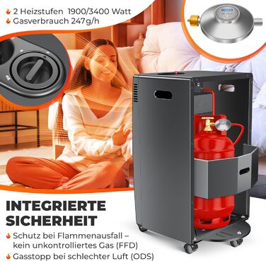 Газовий обігрівач KESSER® - газовий камін з інфрачервоним нагрівачем, 3.4 кВт, 2 режими, з газовим редуктором та шлангом, для бутану/пропану, антрацит