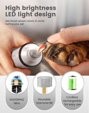 Триммер для стрижки кігтів та стрижка кігтів для собак 2 в 1, безшумний, акумуляторний, електричний, для великих, середніх та маленьких собак, білий