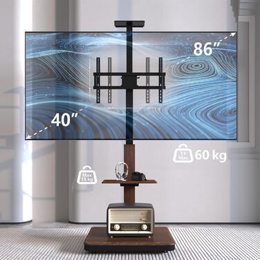 Моторний підставка для телевізора XTRARM Elite: регулювання висоти, VESA 600x400, 40-86 дюймів, 60 кг, з полицями та стійкою для розеток (Білий, горіх)