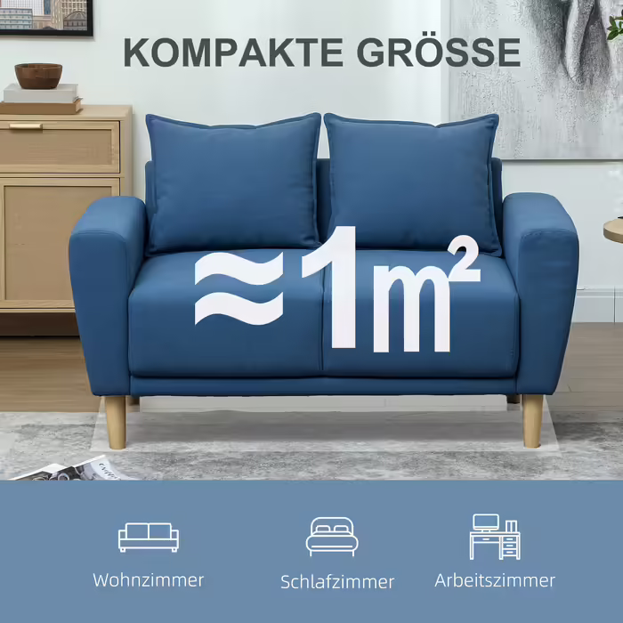HOMCOM 2-Seater Sofa with 2 Cushions, Upholstered Sofa with 51cm Extra Deep Seats, Velvet Double Sofa, Small Sofa with Wooden Frame 2-Seater Couch for Living Room Bedroom Office, 133 x 73 x 81 cm, Blue | Aosom