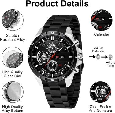 Годинник чоловічий OFF CUP з датою, кварцовий хронограф, водонепроникний, з нержавіючої сталі, стильний аксесуар для бізнесу та повсякденного носіння, ідеальний подарунок, срібно-чорний колір