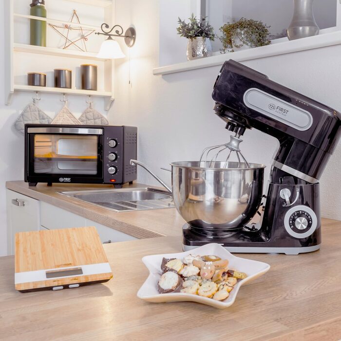 Кухонна машина TZS First Austria професійна | Міксер з чашею 6 л, 1500 Вт, 6 швидкостей, з набором насадок (міксер, гак для тіста, вінчик), нержавіюча сталь