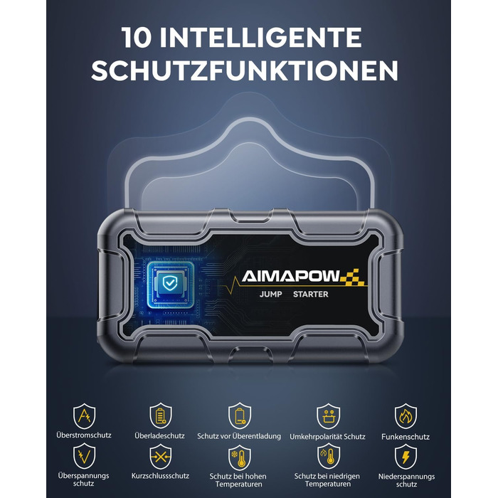 Powerbank для запуску двигуна AIMAPOW Starthilfe 6000A 12V - для бензинових авто, дизельних (10.0L) з LED-ліхтариком та великим екраном, бустер для акумулятора SUV, мотоцикла, газонокосарки