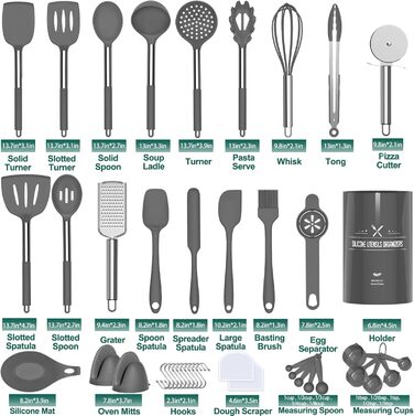 Набір кухонного приладдя Umite Chef, 43 предмети: лопатки, ложки, вінчики з нержавіючої сталі, силіконові, антипригарні, жаростійкі, сірий колір
