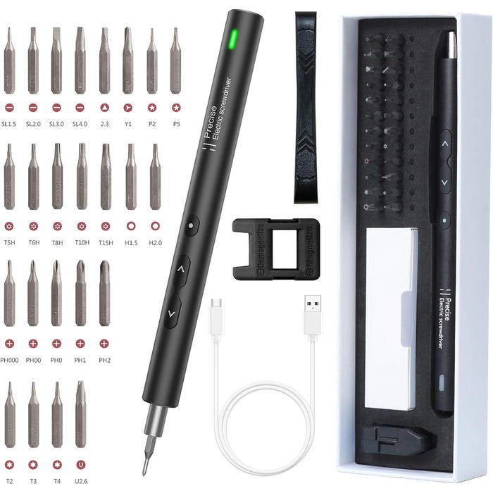 Міні-шуруповерт LOFICOPER 28 в 1: акумуляторний набір з LED, USB-C, 24 біти для ремонту ноутбуків та годинників (чорний)