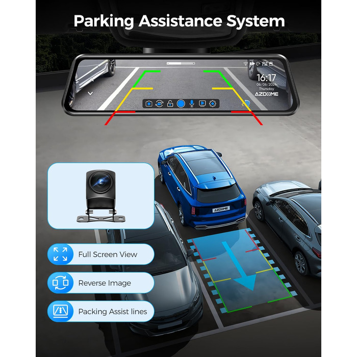 Dashcam AZDOME PG17 4K: Дзеркало заднього виду з відеозаписом, WiFi, GPS, нічне бачення, голосове керування, 64GB карта в комплекті