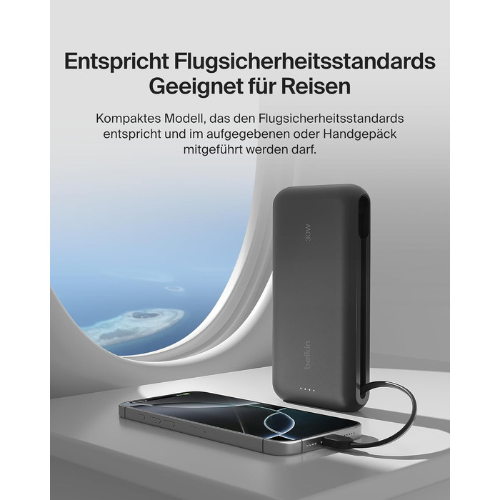 Зовнішній акумулятор Belkin Portable Powerbank 20000 mAh 30W з вбудованим кабелем USB-C PD для iPhone 16, iPad Pro, Samsung Galaxy S25, чорний