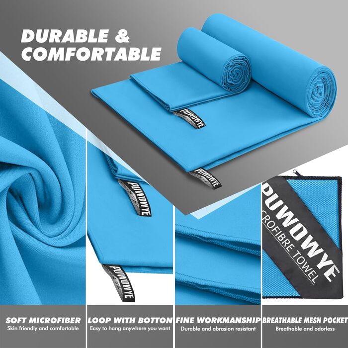 Набір рушників з мікрофібри PUWOWYE (2 шт.): великий (160x80 см) + маленький (80x40 см), швидковисихаючі, для спорту, фітнесу, сауни, пляжу, подорожей та відпочинку на природі (ясний блакитний)
