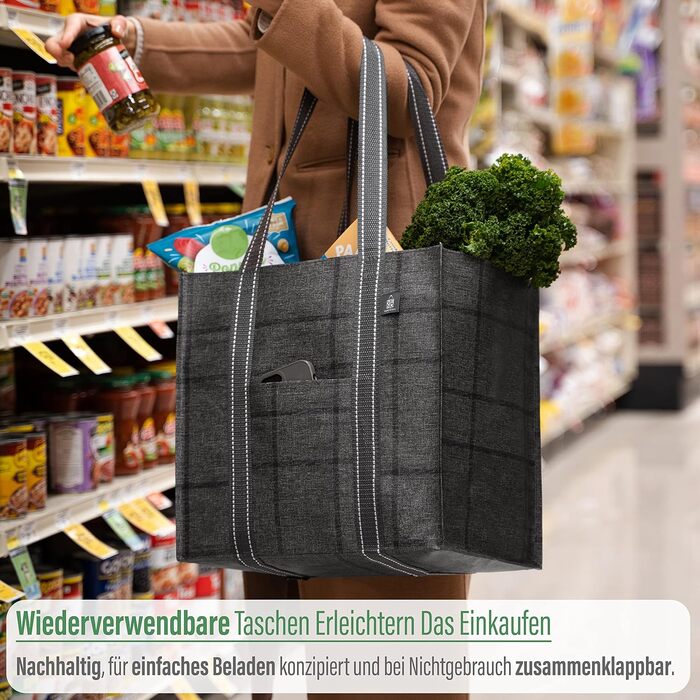 VENO 34 Liter Large Shopping Bag Foldable with Sturdy Bottom and Front Pocket, Reusable Shopping Bags Water-Resistant Shopping Basket for Shopping Picnic (Black Windowpane, 4-Pack)