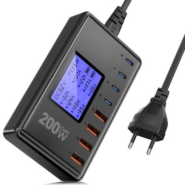 Зарядний пристрій GaN 200W, 8 портів: 4x USB-C PD 30W, 4x USB-A QC 18W - для iPhone 15/14/13 Pro Max, iPad, Samsung S24/S23. Швидка зарядка, адаптер живлення, чорний