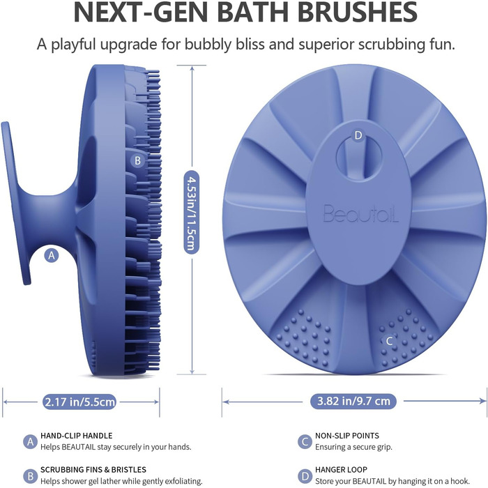 Силіконова щітка для тіла Beautail: м'який скраб для чутливої шкіри, для душу, з неслизькою ручкою, фіолетова