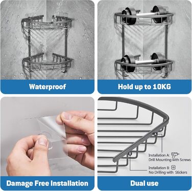 Поличка для душу GRICOL Eck-Duschregal без свердління, металева, кутова, з 2 гачками, для зберігання в ванній кімнаті, 2 яруси, нержавіюча сталь, сірий колір