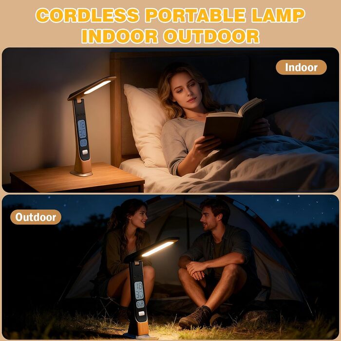 Bokefo Світлодіодна настільна лампа з акумулятором 1800 mAh, 3 кольори, регулювання яскравості, годинник, сенсорне управління, складна та портативна. Підходить для офісу, навчання, читання. Без адаптера