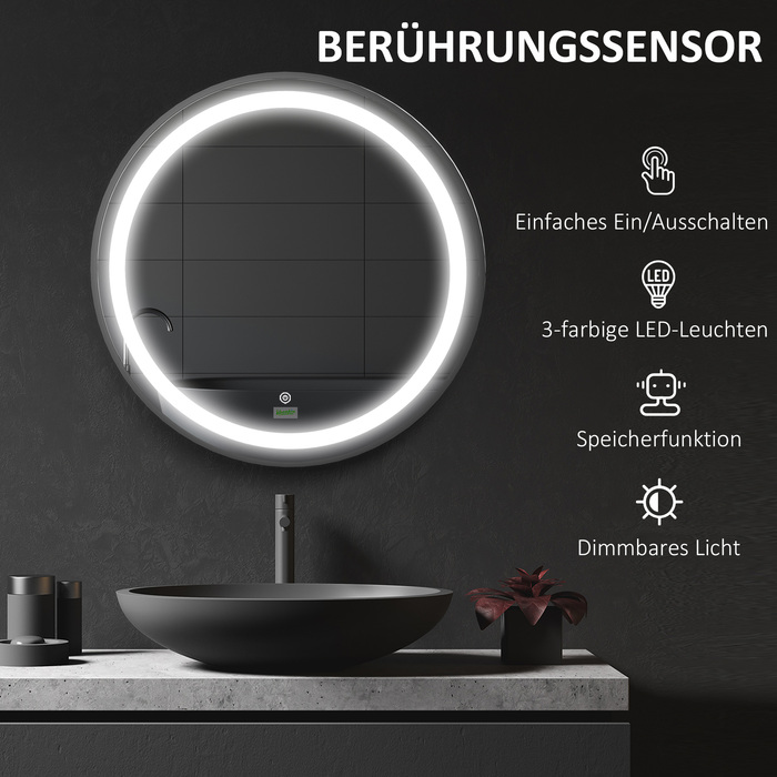 Kleankin LED Bathroom Mirror Ø60cm, Bathroom Mirror with 3 Light Colors, Touch Function, Memory Function, IP44, Black for Modern Bathroom
