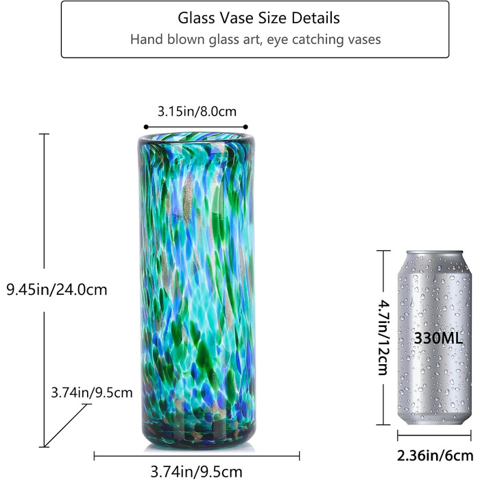 Скляна ваза 22,9 см блакитно-зелена, ручної роботи, сучасний дизайн, для квітів та декору, ідеально для дому та офісу