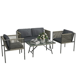 Набір садових меблів Outsunny з ротангу (штучного) Lounge-set з 2-місним диваном, кріслом, скляним столиком, подушками, стійким до погодних умов, для балкона, на 4 особи. Зовнішня зона відпочинку, садові меблі для тераси, балкона, сірого кольору | Aosom