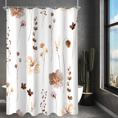 Штора для душу 240x200 см з квітами, поліестер, антигрибкова, водовідштовхувальна, з утяжеленим краєм, з кільцями (коричнева)