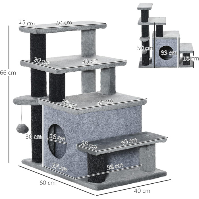 Сходинка для собак PawHut з 3/4 сходинок, 66 см, з гніздом для сну, м'ячиком, для котів та собак середніх порід, сірого кольору