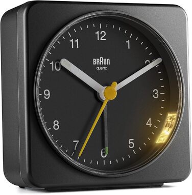 Braun Classic Analog Alarm Clock with Snooze Function and Light, Silent Quartz Movement, Crescendo Alarm, Black Model BC03B