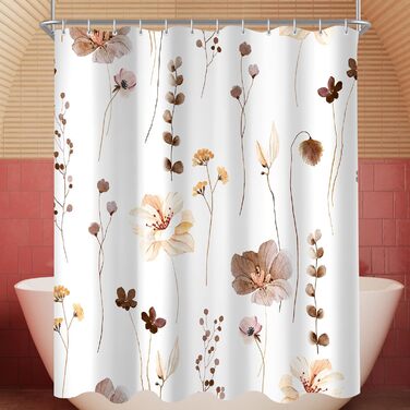 Штора для душу 240x200 см з квітами, поліестер, антигрибкова, водовідштовхувальна, з утяжеленим краєм, з кільцями для душу (Коричнева)