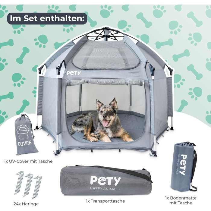 Клітка-палатка для собак Pety - 150 x 100 см, сіра. З переносною сумкою, UV-захистом та килимком. Для відпочинку вдома та на природі. Аксесуари для собак, подорожей та кемпінгу.