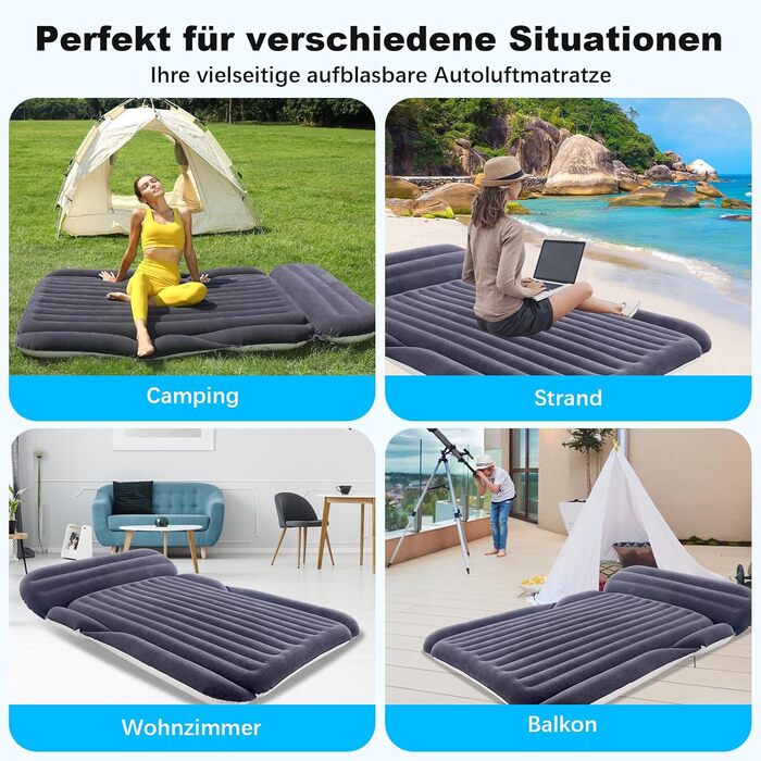 Надувний матрац SUV з 2 подушками – товстий, з фетром, для автомобіля – мобільні подорожі, кемпінг та відпочинок на природі – швидке надування та здування з електричним насосом
