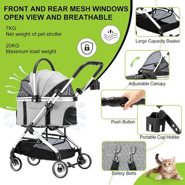3 в 1 Візок для собак з рознімним сидінням, сумка-переноска, складна конструкція, візок для домашніх тварин та дітей (сірий, до 20 кг)