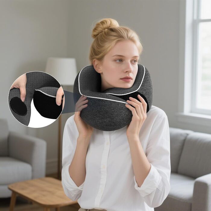 Подушка для шиї у подорожах: Memory Foam, регульована, з навушниками та маскою для сну (темно-сірий)