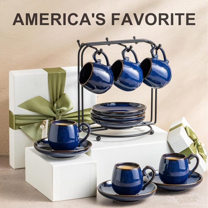 Набір чашок для еспресо LYEOBOH з підставками, 85 мл, 6 шт., кераміка, білий (кобальтовий блакитний)