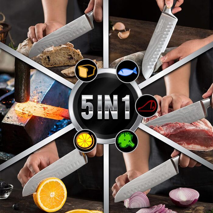 Нож Сантоку з дамаської сталі FlavourBomb | 18 см | Кухонний ніж для професіоналів | Дамаська сталь, ручка Micarta + безкоштовна електронна книга