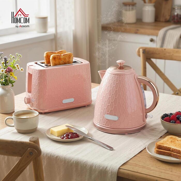 Набір чайник та тостер HOMCOM, 1.7л, 2200W, рожевий