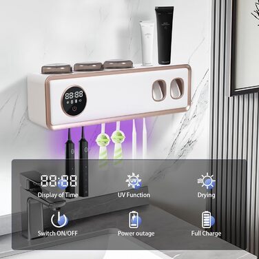Тримач для зубних щіток з УФ-дезінфекцією, автоматичний диспенсер пасти, сенсорний екран (білий)