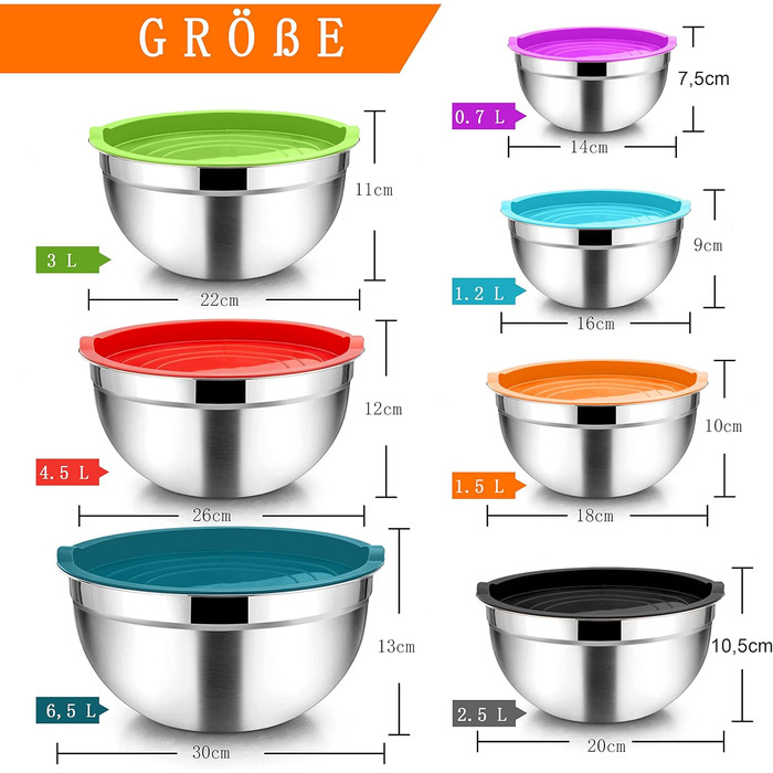 Homikit Mixing Bowl Set of 7, Polished Stainless Steel Bowl Set, Salad Bowl with Airtight Lid for Cooking/Baking/Serving, Stackable, Healthy, 6.5/4.5/2.7/2.5/1.5/1.2/0.7L, Colorful